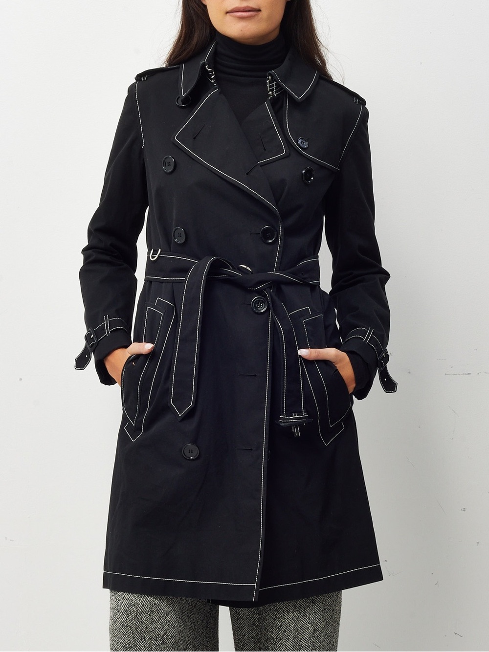 Vintage Y2K Banana Republic Black Contrast Stitch Trench Coat Belted